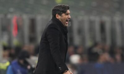 AC Milan's head coach Paulo Fonseca shouts during the Champions League opening phase soccer match between AC Milan and Red Star Belgrade, Crvena Zvezda, at the San Siro stadium in Milan, Italy, Wednesday, Dec. 11, 2024. (AP Photo/Antonio Calanni)