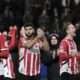 PSV players celebrate after winning their Champions League opening phase soccer match between PSV Eindhoven and Shakhtar Donetsk at the PSV Stadium in Eindhoven, Netherlands, Wednesday, Nov. 27, 2024. (AP Photo/Patrick Post)