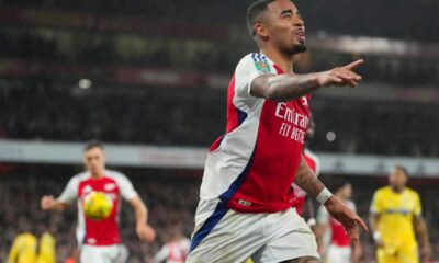 Arsenal's Gabriel Jesus celebrates after scoring his side's second goal during the English League Cup quarterfinal soccer match between Arsenal and Crystal Palace at Emirates stadium, in London, Wednesday, Dec. 18, 2024. (AP Photo/Kirsty Wigglesworth)