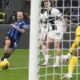 Inter Milan's Federico Dimarco scores during the Serie A soccer match between Inter Milan and Parma at the San Siro stadium in Milan, Italy, Friday, Dec.6, 2024. (AP Photo/Luca Bruno)