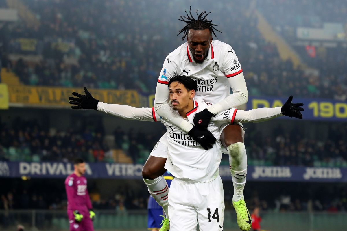 AC Milan's Tijjani Reijnders (14) celebrates a goal during an Italian Serie A soccer match against Verona Friday, Dec. 20, 2024, in Verona, Italy. (Paola Garbuio/LaPresse via AP)