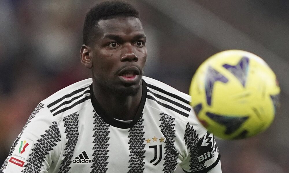 FILE - Juventus' Paul Pogba controls the ball during an Italian Cup soccer match between Internazionale and Juventus, at the Giuseppe Meazza San Siro Stadium, in Milan, Italy, April 26, 2023. (Spada/LaPresse via AP, File)