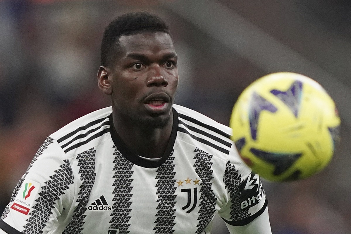 FILE - Juventus' Paul Pogba controls the ball during an Italian Cup soccer match between Internazionale and Juventus, at the Giuseppe Meazza San Siro Stadium, in Milan, Italy, April 26, 2023. (Spada/LaPresse via AP, File)