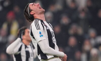 Juventus' Dusan Vlahovic reacts during the Serie A soccer match between Juventus and Venezia at the Juventus Stadium in Turin, Italy on Saturday, Dec. 14, 2024. (Fabio Ferrari/LaPresse via AP)