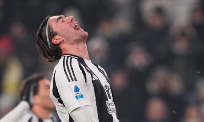 Juventus' Dusan Vlahovic reacts during the Serie A soccer match between Juventus and Venezia at the Juventus Stadium in Turin, Italy on Saturday, Dec. 14, 2024. (Fabio Ferrari/LaPresse via AP)