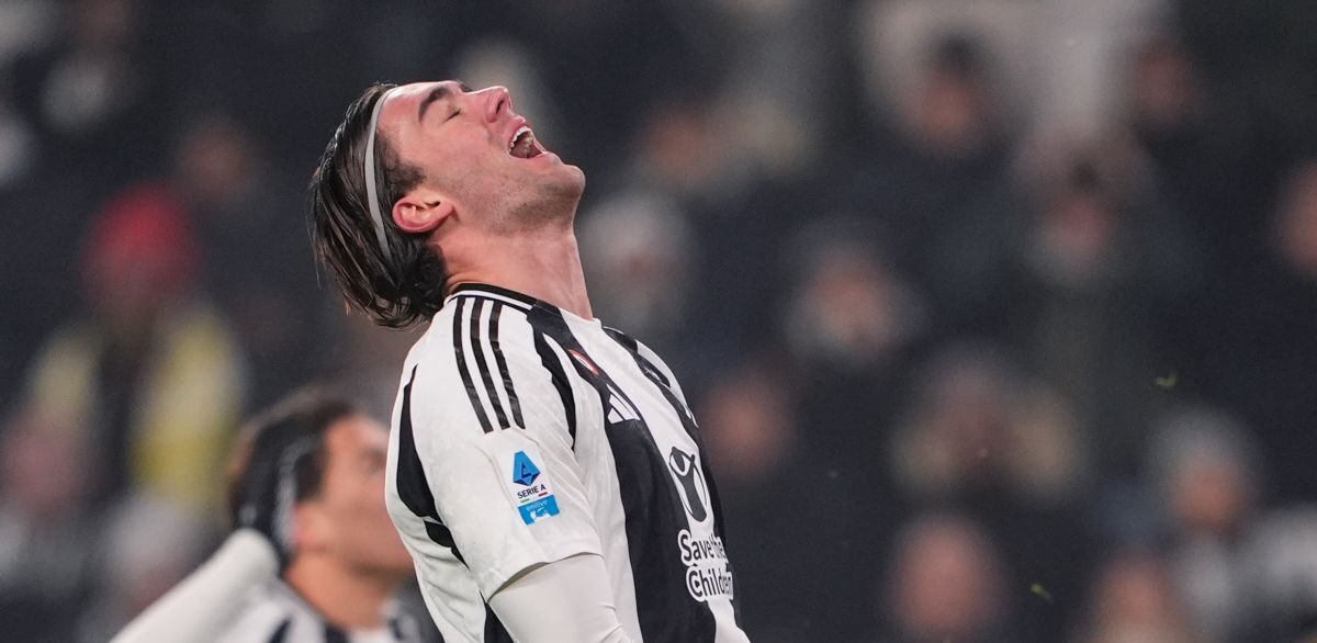 Juventus' Dusan Vlahovic reacts during the Serie A soccer match between Juventus and Venezia at the Juventus Stadium in Turin, Italy on Saturday, Dec. 14, 2024. (Fabio Ferrari/LaPresse via AP)