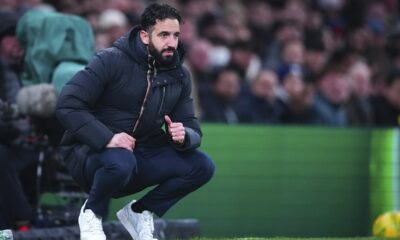 Manchester United's manager Ruben Amorim reacts during the English League Cup quarter-final soccer match between Tottenham and Manchester United, at the Tottenham Hotspur Stadium in London, Thursday, Dec. 19, 2024. (AP Photo/Dave Shopland )