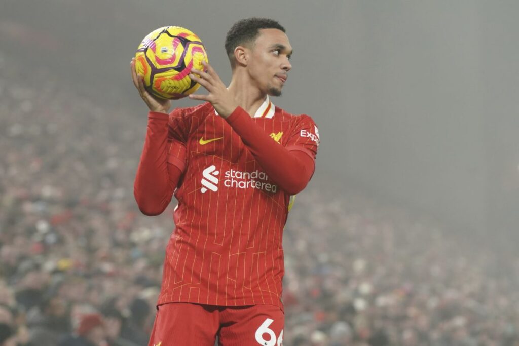 Liverpool's Trent Alexander-Arnold controls a ball during a English Premier League soccer match against Leicester City at the Anfield stadium in Liverpool, Thursday, Dec. 26, 2024. (AP Photo/Ian Hodgson)