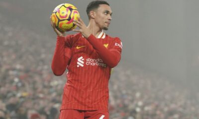 Liverpool's Trent Alexander-Arnold controls a ball during a English Premier League soccer match against Leicester City at the Anfield stadium in Liverpool, Thursday, Dec. 26, 2024. (AP Photo/Ian Hodgson)