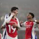 Arsenal's Kai Havertz, front center, celebrates after scoring the opening goal during the English Premier League soccer match between Arsenal and Ipswich at the Emirates Stadium in London, England, Friday, Dec. 27, 2024. (John Walton/PA via AP)