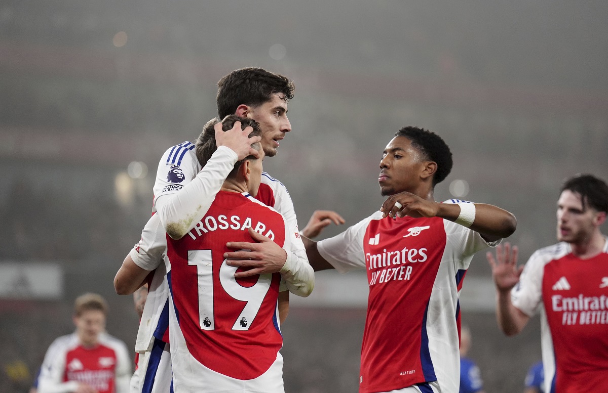 Arsenal's Kai Havertz, front center, celebrates after scoring the opening goal during the English Premier League soccer match between Arsenal and Ipswich at the Emirates Stadium in London, England, Friday, Dec. 27, 2024. (John Walton/PA via AP)