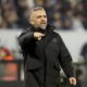 Vitoria's head coach Rui Borges gestures during the Europa Conference League opening phase soccer match between Vitoria SC and Fiorentina at the D. Afonso Henriques stadium in Guimaraes, Portugal, Thursday, Dec. 19, 2024. (AP Photo/Luis Vieira)