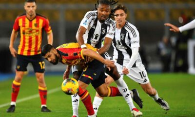 Lecce's inside midfield Hamza Rafia and Juventus's midfielder Khéphren Thuram in action during the Serie A soccer match between US Lecce and Juventus FC at the Via del Mare Stadium in Lecce, Italy, Sunday, Dec. 1, 2024. (Giovanni Evangelista/LaPresse via AP)