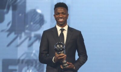 Vinicius Junior of Real Madrid is awarded as the Best Men's FIFA Player during the FIFA Football Awards 2024 in Doha, Qatar, Tuesday, Dec. 17, 2024. (AP Photo/Hussein Sayed)