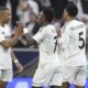 Real Madrid's Kylian Mbappe celebrates with his teammates after scoring the opening goal against CF Pachuca during the Intercontinental Cup soccer final match at the Lusail Stadium in Lusail, Qatar, Wednesday, Dec. 18, 2024. (AP Photo/Hussein Sayed)