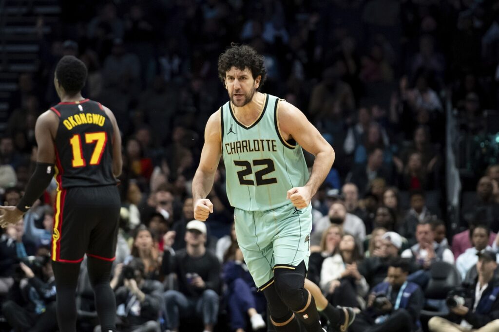 Charlotte Hornets guard Vasilije Micic (22) reacts during the second half of an NBA basketball game against the Atlanta Hawks, Saturday, Nov. 30, 2024, in Charlotte, N.C. (AP Photo/Matt Kelley)