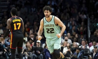 Charlotte Hornets guard Vasilije Micic (22) reacts during the second half of an NBA basketball game against the Atlanta Hawks, Saturday, Nov. 30, 2024, in Charlotte, N.C. (AP Photo/Matt Kelley)