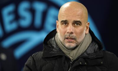 Manchester City's head coach Pep Guardiola ahead the English FA Cup soccer match between Manchester City and Salford City at Etihad Stadium in Manchester, Saturday, Jan. 11, 2025. (AP Photo/ Dave Thompson)