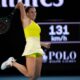 Aryna Sabalenka of Belarus plays a forehand return to Paula Badosa of Spain during their semifinal match at the Australian Open tennis championship in Melbourne, Australia, Thursday, Jan. 23, 2025. (AP Photo/Ng Han Guan)