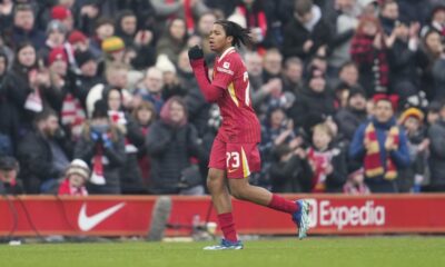 Liverpool's Rio Ngumoha runs during the FA Cup soccer match between Liverpool and Accrington Stanley at the Anfield stadium in Liverpool, England, Saturday, Jan. 11, 2025. (AP Photo/Jon Super)