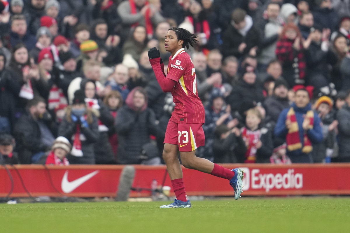 Liverpool's Rio Ngumoha runs during the FA Cup soccer match between Liverpool and Accrington Stanley at the Anfield stadium in Liverpool, England, Saturday, Jan. 11, 2025. (AP Photo/Jon Super)