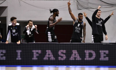 NOVICA VELICKOVIC, CODI MILLER MCINTYRE Kodi Miler Mekintajer, RASHAWN THOMAS Rason Tomas, NEMANJA DANGUBIC, UROS TRIFUNOVIC kosarkasi Partizana na utakmici ULEB Evrokupa protiv Trenta u hali Sportova Ranko Zeravica, Beograd 13.01.2021. godine Foto: DS / MN PRESS Kosarka, Partizan, ULEB Evrokup, Trento