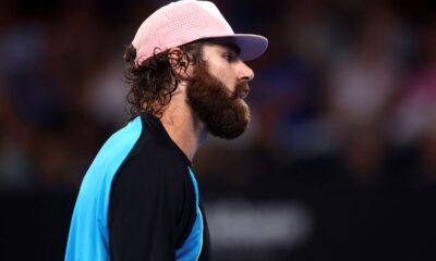 USA's Reilly Opelka looks on during his match against Serbia's Novak Djokovic at the Brisbane International, in Brisbane, Australia, Friday, Jan. 3, 2025. (AP Photo/Pat Hoelscher)