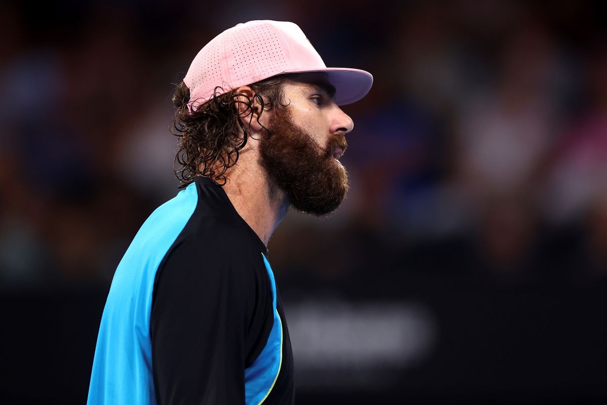 USA's Reilly Opelka looks on during his match against Serbia's Novak Djokovic at the Brisbane International, in Brisbane, Australia, Friday, Jan. 3, 2025. (AP Photo/Pat Hoelscher)