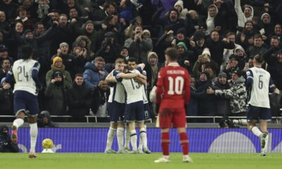 Tottenham's Dominic Solanke celebrates with teammates after scores a disallowed goal during the English League Cup semi final first leg soccer match between Tottenham and Liverpool, at the Tottenham Hotspur Stadium in London, Wednesday, Jan. 8, 2025. (AP Photo/Ian Walton)