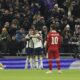 Tottenham's Dominic Solanke celebrates with teammates after scores a disallowed goal during the English League Cup semi final first leg soccer match between Tottenham and Liverpool, at the Tottenham Hotspur Stadium in London, Wednesday, Jan. 8, 2025. (AP Photo/Ian Walton)