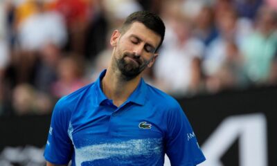 Novak Djokovic of Serbia reacts during a fourth round match against Jiri Lehecka of the Czech Republic at the Australian Open tennis championship in Melbourne, Australia, Sunday, Jan. 19, 2025. (AP Photo/Asanka Brendon Ratnayake)