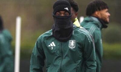 Aston Villa's Jhon Duran attends a training session in Bodymoor Heath, England, Monday Jan. 20, 2025 ahead of the Champions League soccer match between Aston Villa and AS Monaco. (David Davies/PA via AP)