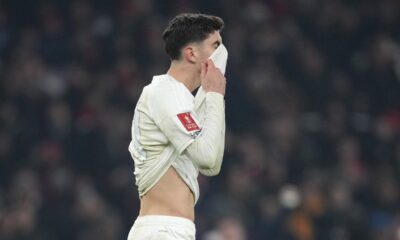 FILE - Arsenal's Kai Havertz reacts after missing a scoring chance in a penalty shootout during the English FA Cup soccer match between Arsenal and Manchester United at the Emirates stadium in London, Sunday, Jan. 12, 2025. (AP Photo/Kin Cheung, File)