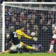 Aston Villa's Morgan Rogers, left, scores their side's second goal of the game against West Ham United during the English FA Cup third round soccer match in Birmingham, England, Friday Jan. 10, 2025. (Joe Giddens/PA via AP)