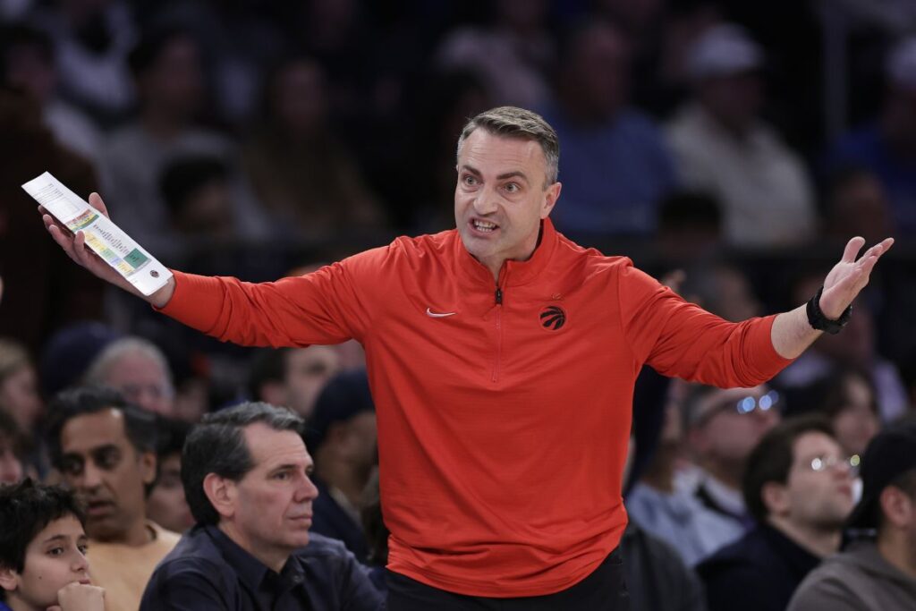 Toronto Raptors head coach Darko Rajakovic reacts during the first half of an NBA basketball game against the New York Knicks, Monday, Dec. 23, 2024, in New York. (AP Photo/Adam Hunger)