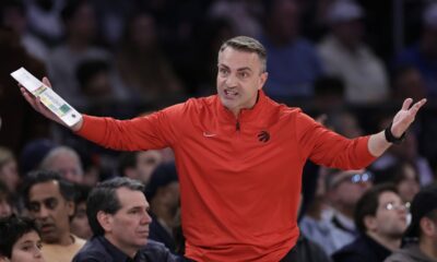 Toronto Raptors head coach Darko Rajakovic reacts during the first half of an NBA basketball game against the New York Knicks, Monday, Dec. 23, 2024, in New York. (AP Photo/Adam Hunger)