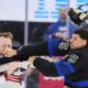 Columbus Blue Jackets' Mathieu Olivier (24) and Toronto Maple Leafs' Ryan Reaves (75) fight during the first period of an NHL hockey game in Toronto on Wednesday, January 22, 2025. (Frank Gunn/The Canadian Press via AP)