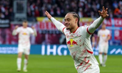 Leipzig's Xavi Simons celebrates after scoring a goal, during the German Bundesliga soccer match between RB Leipzig and SV Werder Bremen, in Leipzig, Germany, Sunday, Jan. 12, 2025. (Jan Woitas/dpa via AP)