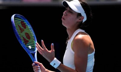 Olga Danilovic of Serbia reacts during a fourth round match against Paula Badosa of Spain at the Australian Open tennis championship in Melbourne, Australia, Sunday, Jan. 19, 2025. (AP Photo/Vincent Thian)