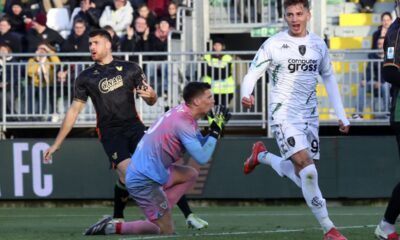 Empoli's Sebastiano Esposito, right, celebrates after scoring his side's first goal of the game during the Serie A soccer match between Venezia and Empoli at the Pier Luigi Penzo Stadium, in Venice, Italy, Saturday Jan. 4, 2025. (Paola Garbuio/LaPresse via AP)