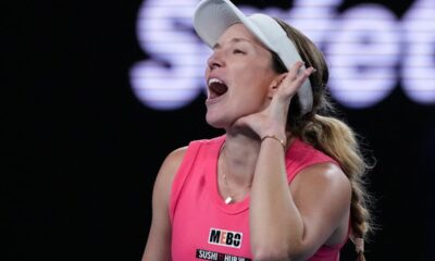 Danielle Collins of the U.S. reacts after defeating Destanee Aiava of Australia in their second round match at the Australian Open tennis championship in Melbourne, Australia, Thursday, Jan. 16, 2025. (AP Photo/Manish Swarup)