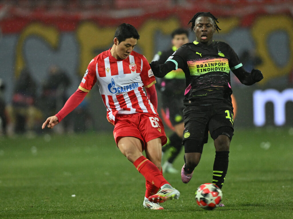 , fudbaler Crvene zvezde, na utakmici UEFA Lige Sampiona protiv PSV Ajndhovena, na stadionu Rajko Mitic. Beograd, 21.01.2025. foto: MN PRESS Fudbal, Crvena zvezda, UEFA Liga Sampiona, PSV Ajndhoven