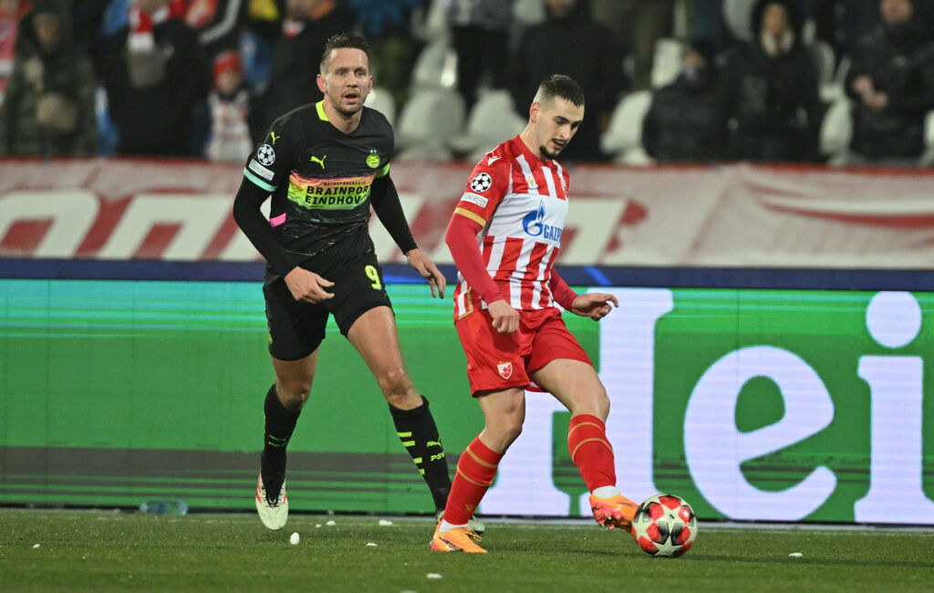 , fudbaler Crvene zvezde, na utakmici UEFA Lige Sampiona protiv PSV Ajndhovena, na stadionu Rajko Mitic. Beograd, 21.01.2025. foto: MN PRESS Fudbal, Crvena zvezda, UEFA Liga Sampiona, PSV Ajndhoven