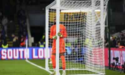 Chelsea's goalkeeper Robert Sanchez stands between the posts before the English Premier League soccer match between Crystal Palace and Chelsea in London, Saturday, Jan. 4, 2025. (AP Photo/Dave Shopland)