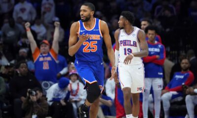 New York Knicks' Mikal Bridges reacts after scoring during overtime in an NBA basketball game against the Philadelphia 76ers, Wednesday, Jan. 15, 2025, in Philadelphia. (AP Photo/Matt Slocum)