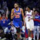 New York Knicks' Mikal Bridges reacts after scoring during overtime in an NBA basketball game against the Philadelphia 76ers, Wednesday, Jan. 15, 2025, in Philadelphia. (AP Photo/Matt Slocum)