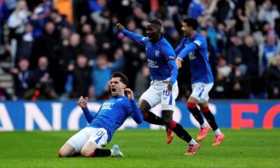 Rangers' Ianis Hagi celebrates scoring their side's first goal of the game during the Premiership match between Celtic and Rangers at Ibrox Stadium, in Glasgow, Scotland, Thursday Jan. 2, 2025. (Andrew Milligan/PA via AP)