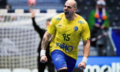 Brazil's Gustavo Rodrigues celebrates during the World Cup handball match between Brazil and Chile at the Unity Arena, in Fornebu, Norway, Wednesday, Jan. 22, 2025. (Stian Lysberg Solum /NTB Scanpix via AP)