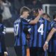 Atalanta's Charles De Ketelaere, second from let, celebrates with teammates after scoring during the Champions League opening phase soccer match between Atalanta and Sturm Graz at the Gewiss Stadium in Bergamo, Italy, Tuesday, Jan. 21 , 2025. (Stefano Nicoli/LaPresse via AP)