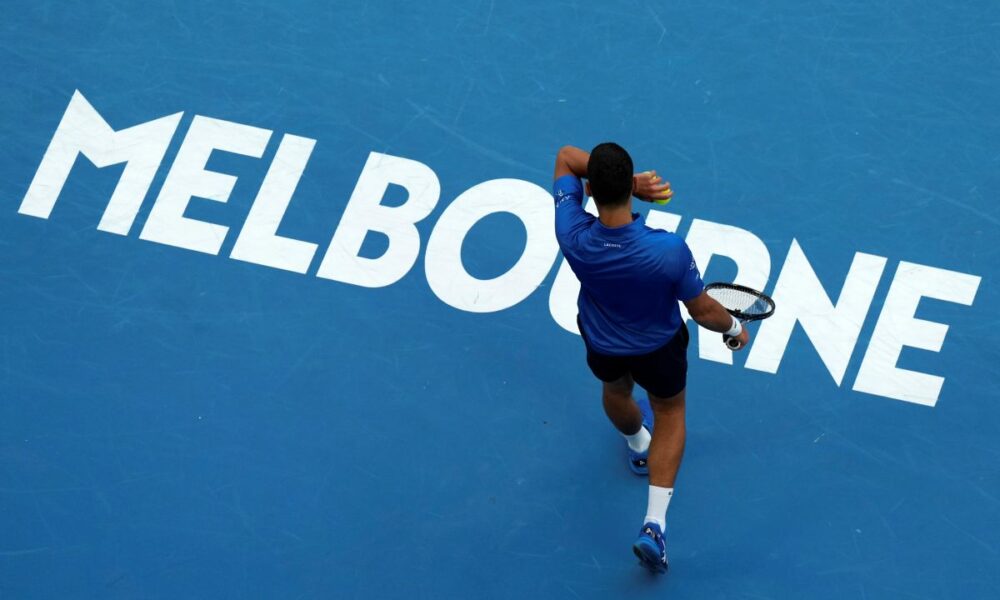 Novak Djokovic of Serbia reacts during a fourth round match against Jiri Lehecka of the Czech Republic at the Australian Open tennis championship in Melbourne, Australia, Sunday, Jan. 19, 2025. (AP Photo/Asanka Brendon Ratnayake)